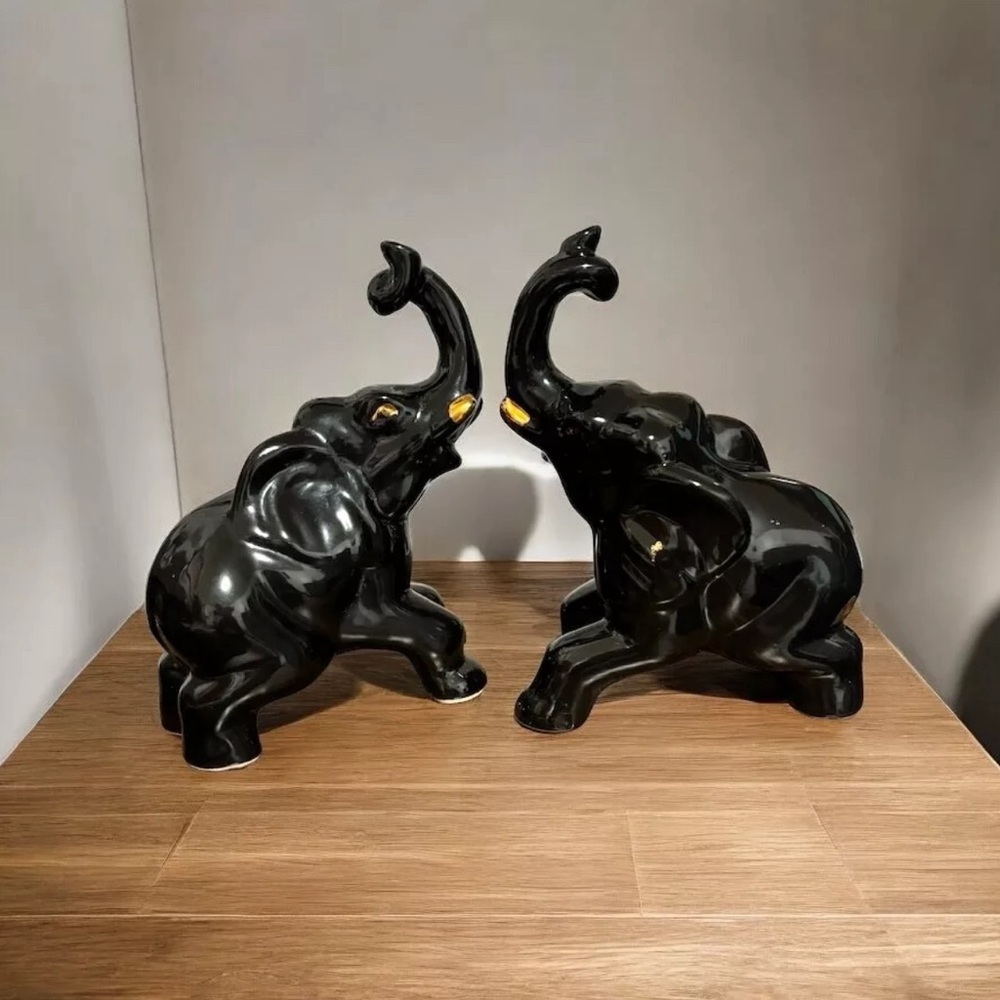 Vintage Ceramic Elephants (2) Black 1960 Gold Trunk Up Home Decor